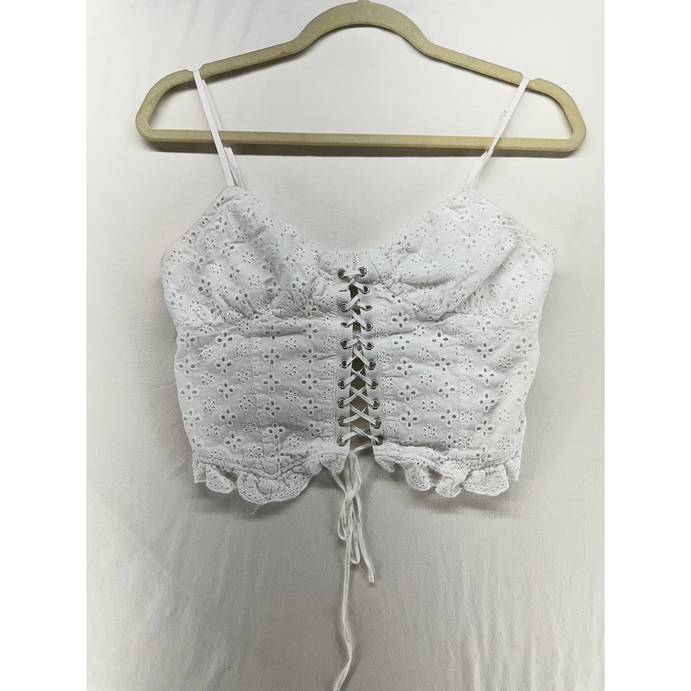 Garage White Eyelet Lace Corset Crop Top Lace Up Front Smocked Back Medium